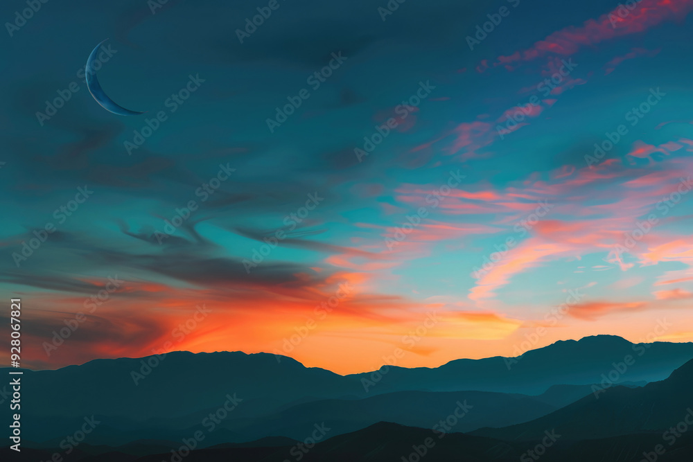 Obraz premium Crescent Moon Above Dramatic Sky, Colorful Sunset Over Distant Mountains, Ramadan and Eid Mubarak Background