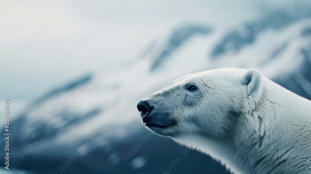 Majestic Polar Bear in Arctic Wilderness with Snow-Covered Mountains in the Background Majestic Polar Bear in Arctic Wilderness with Snow-Covered Mountains in the Background