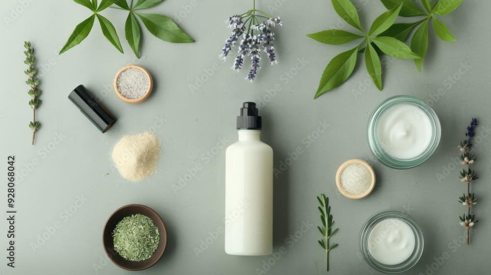 Flat Lay of Natural Skincare Products with Herbs and Creams on a Gray Background Flat Lay of Natural Skincare Products with Herbs and Creams on a Gray Background