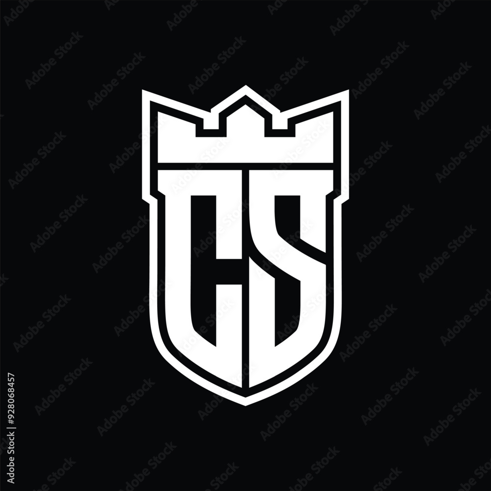 CS Logo shield shape with geometric crown inside white outline on black background template design CS Logo shield shape with geometric crown inside white outline on black background template design