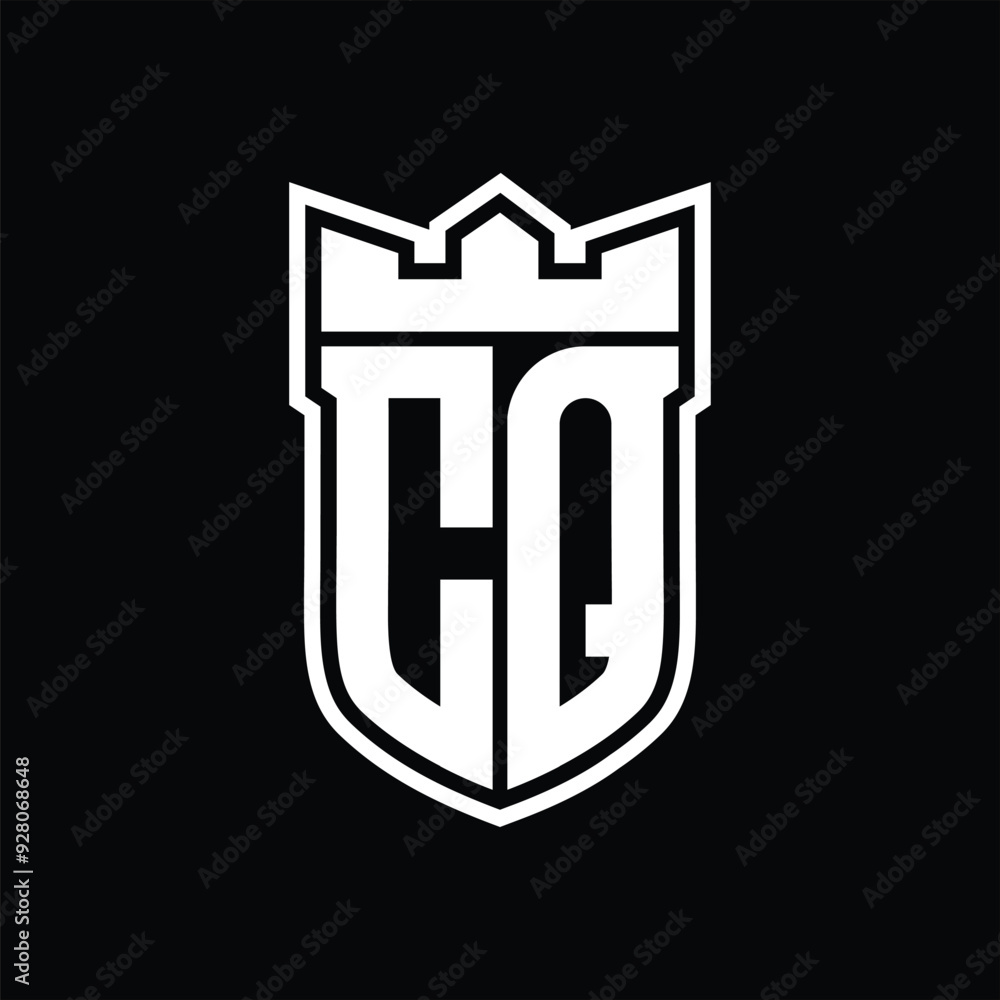 CQ Logo shield shape with geometric crown inside white outline on black background template design CQ Logo shield shape with geometric crown inside white outline on black background template design