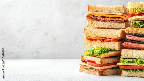 Neatly stacked prepackaged sandwiches in a variety of flavors, emphasizing choice and convenience in a modern deli, convenient deli food