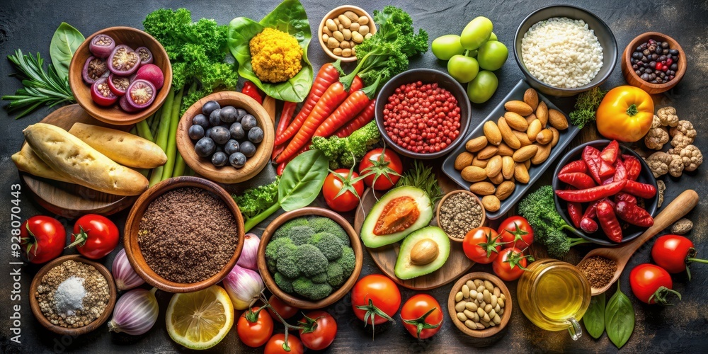 Flexitarian Mediterranean diet featuring a variety of nutrient-rich foods on a dark background, flexitarian, mediterranean Flexitarian Mediterranean diet featuring a variety of nutrient-rich foods on a dark background, flexitarian, mediterranean
