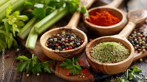 Wooden bowls filled with black, white and green peppercorns, dried herbs and paprika powder, with celery and parsley sprigs scattered around on a wooden table.