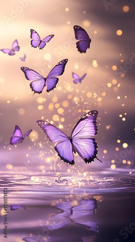 Purple butterflies flying in water with golden light on a purple background, perfect for mobile wallpaper.