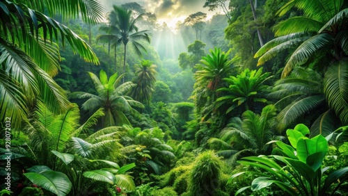 Fototapeta Naklejka Na Ścianę i Meble -  of a vibrant green prehistoric jungle with abundant lush vegetation, prehistoric, jungle, green, lush, vegetation, plants, trees