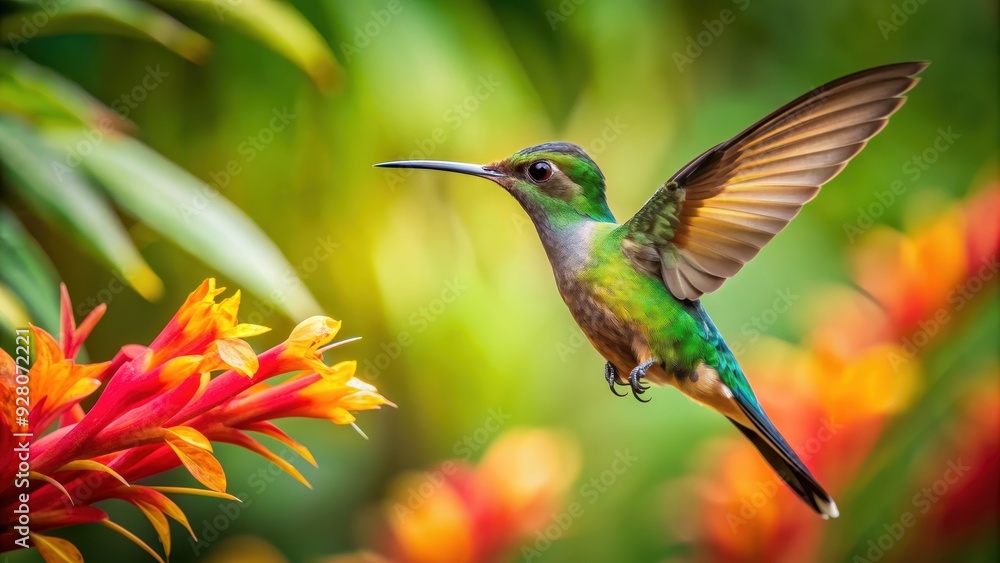 Fototapeta premium Colibri hovering over a tropical flower, colibri, hummingbird, tropical, flower, bird, wildlife, nature, vibrant, colorful