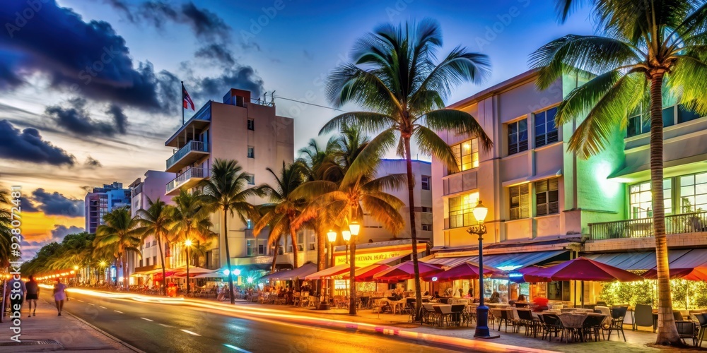 Naklejka premium Vibrant nightlife scene on Ocean Drive in South Beach, Miami , hotels, bars, restaurants, nightlife