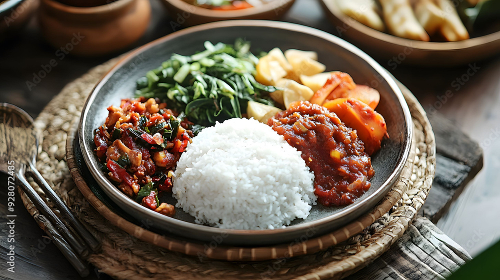 CLoseup A plate of rice and Javanese traditional food CLoseup A plate of rice and Javanese traditional food