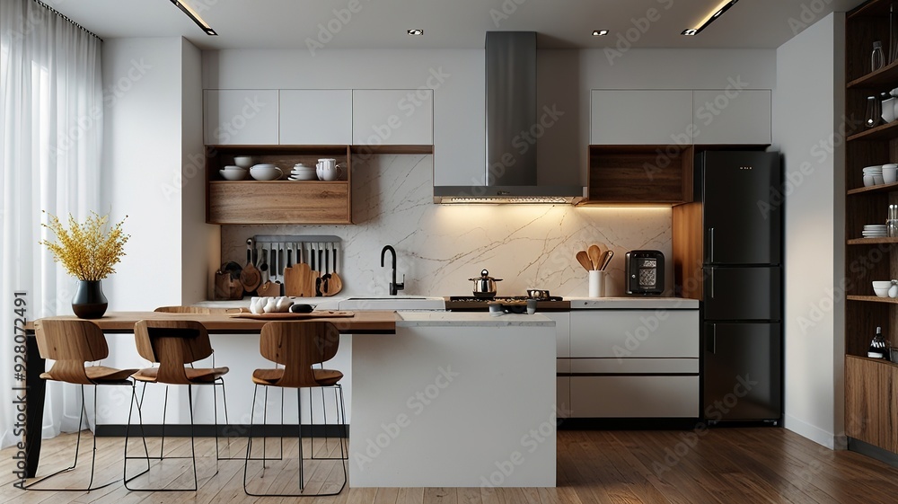 Fototapeta premium Modern Interior With Bright Wall, Living room, Bed room, kitchen, House Plants