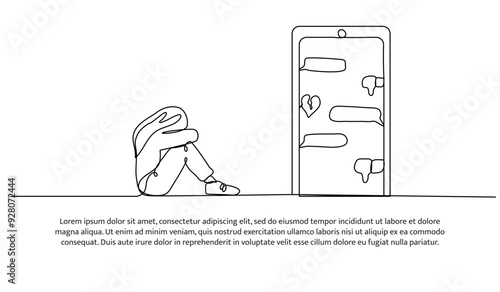Continuous one line design of bullying on social media. Minimalist style vector illustration on white background.