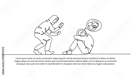 Continuous one line design of bullying for social media photos. Minimalist style vector illustration on white background.