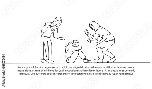 Continuous one line design of bullying for social media photos. Minimalist style vector illustration on white background.