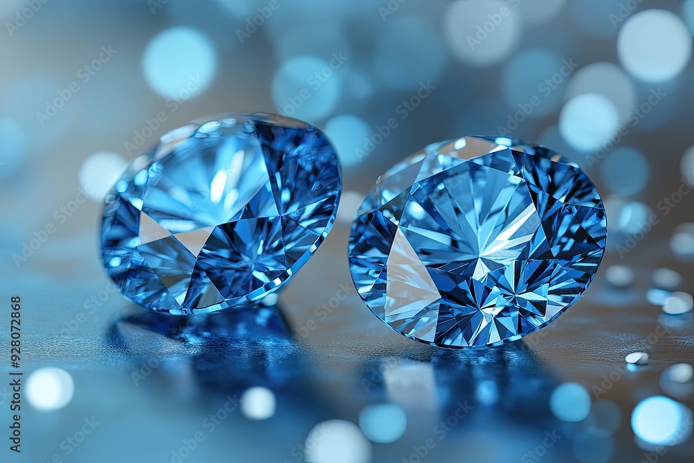 Two blue diamonds sparkle on a blue surface. This picture is perfect for a website, jewelry store, or any product that needs a luxurious feel. Two blue diamonds sparkle on a blue surface. This picture is perfect for a website, jewelry store, or any product that needs a luxurious feel.