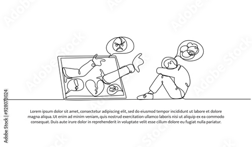 Continuous one line design of bullying on social media. Minimalist style vector illustration on white background.