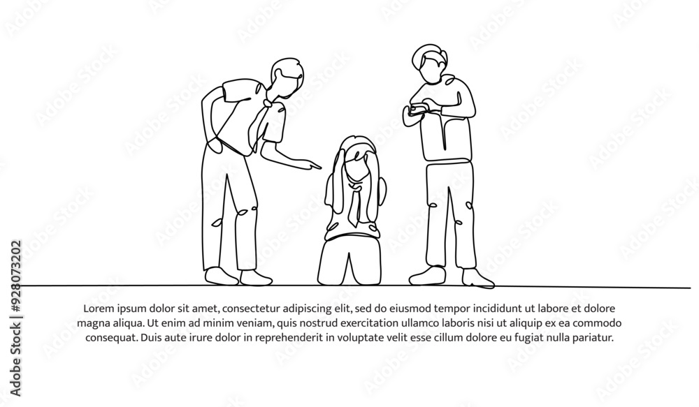Continuous one line design of bullying for social media photos. Minimalist style vector illustration on white background. Continuous one line design of bullying for social media photos. Minimalist style vector illustration on white background.