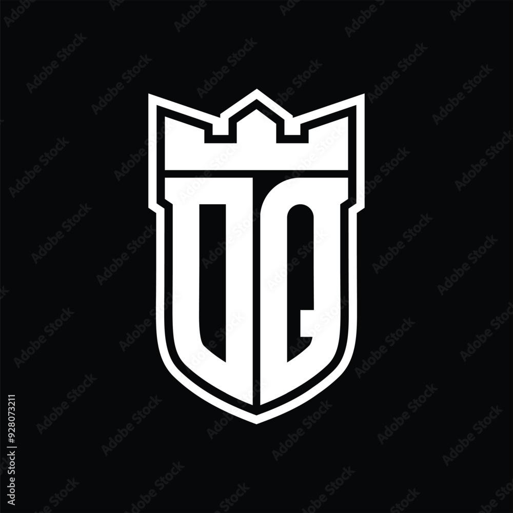 DQ Logo shield shape with geometric crown inside white outline on black background template design DQ Logo shield shape with geometric crown inside white outline on black background template design