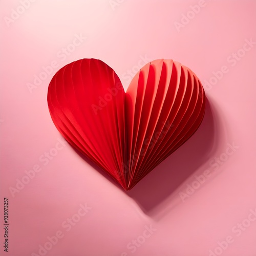 Valentine day background - single heart shape of flying red paper ribbed hearts on soft light pink background  photo