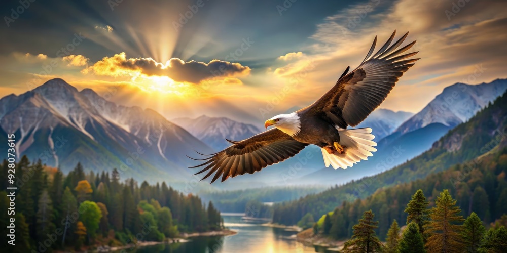 Fototapeta premium Majestic eagle soaring over a serene natural landscape, mystical, eagle, bird, nature, majestic, wild, wings, forest, wildlife