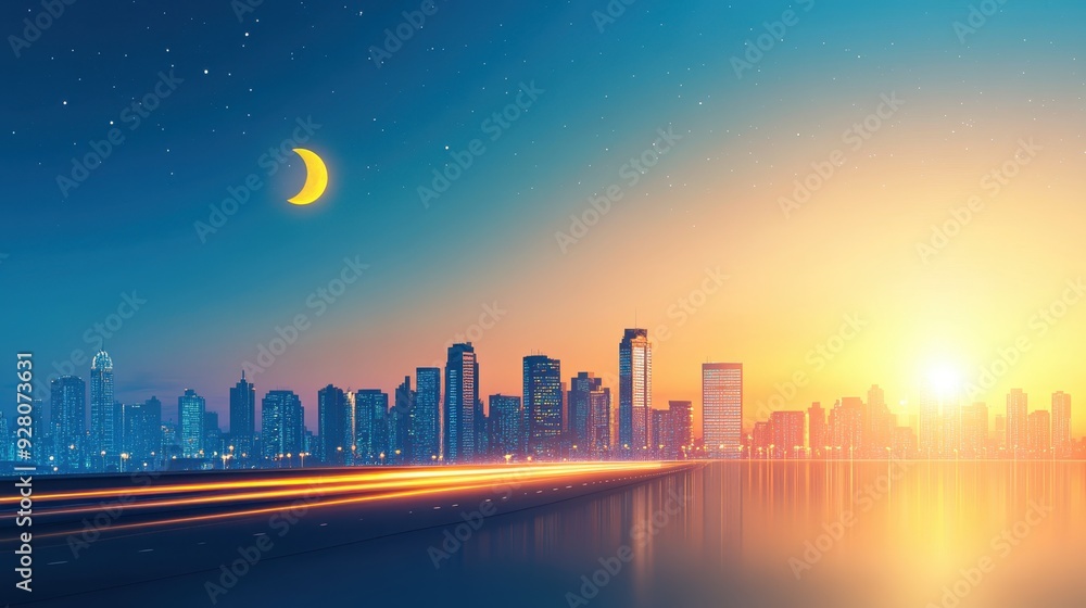 Vibrant Urban Nightscape: Illuminated City with Modern Electric Lights, Flat Design Art Vibrant Urban Nightscape: Illuminated City with Modern Electric Lights, Flat Design Art