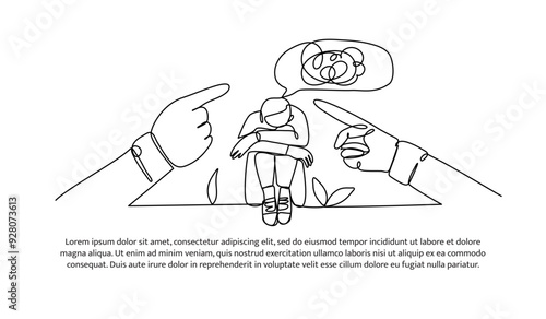 Continuous one line design of  self anxlety in bullying. Minimalist style vector illustration on white background.