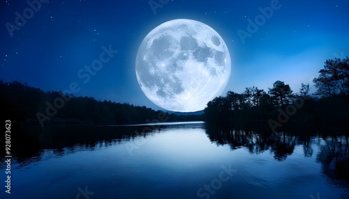 Full moon on night lake background.