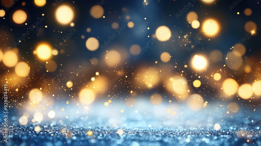 Soft blue and gold bokeh lights shimmer, evoking a dreamy, enchanting ambiance perfect for evening events Soft blue and gold bokeh lights shimmer, evoking a dreamy, enchanting ambiance perfect for evening events
