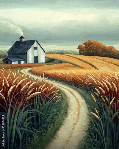 country road leading barn wheat field point click adventure inspiring tall grass regionalism