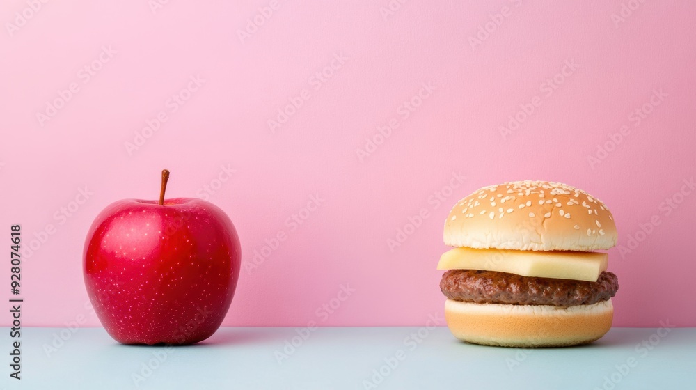 A red apple sits next to a cheeseburger against a soft pink backdrop A red apple sits next to a cheeseburger against a soft pink backdrop