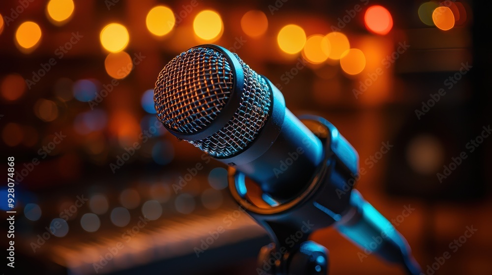 Close-Up of a Microphone with Blurred Bokeh Lights in the Background, Perfect for Music, Podcasting, and Broadcasting Themes Close-Up of a Microphone with Blurred Bokeh Lights in the Background, Perfect for Music, Podcasting, and Broadcasting Themes