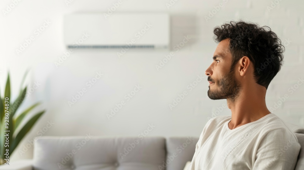A man relaxes comfortably in a modern living room while the air conditioner cools the space A man relaxes comfortably in a modern living room while the air conditioner cools the space