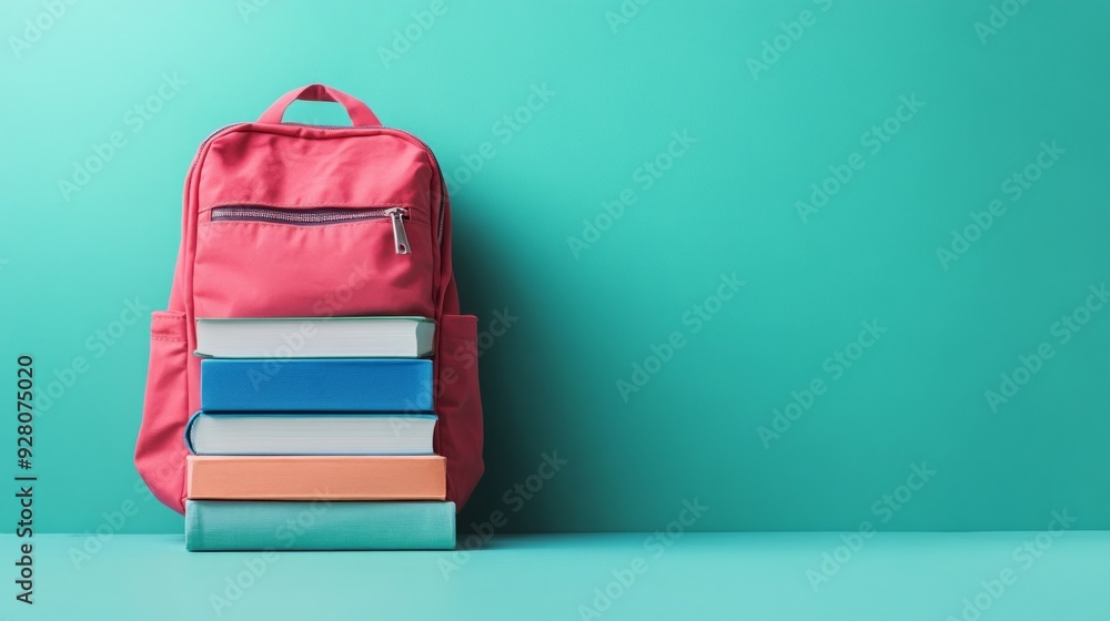 Pink Backpack and Stack of Books on Teal Background Pink Backpack and Stack of Books on Teal Background