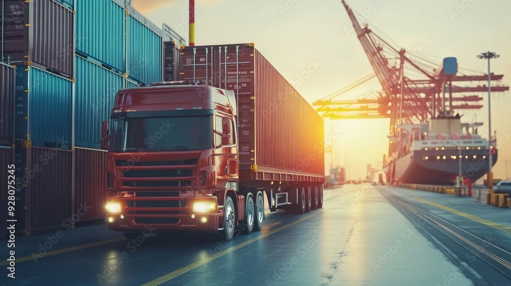Red Semi-Truck Transporting Cargo at a Port Red Semi-Truck Transporting Cargo at a Port
