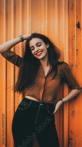 woman long hair leaning against wall perfect smile fashion wearing crop top miniskirt orange black tones naughty jeans pants grinning lasciviously wonderful female young photo