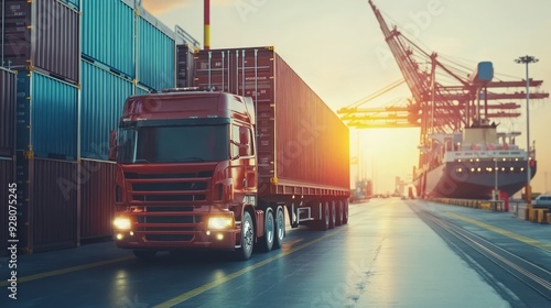 Red Semi-Truck Transporting Cargo at a Port