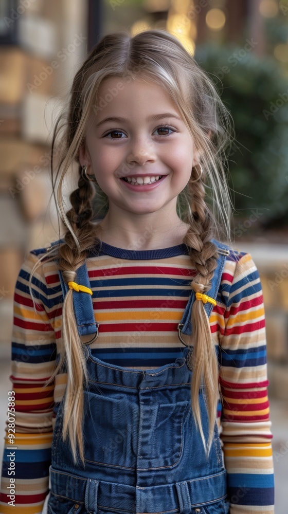Cheerful Young Girl in Striped Outfit Posing Outdoors with Natural Smile Cheerful Young Girl in Striped Outfit Posing Outdoors with Natural Smile