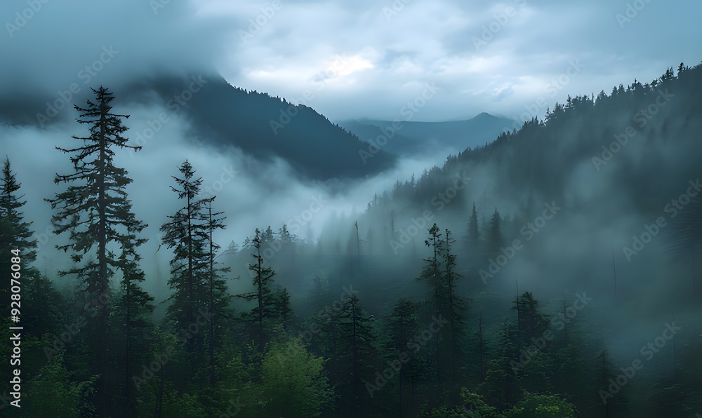 A serene and misty forest landscape with rolling hills and towering trees A serene and misty forest landscape with rolling hills and towering trees