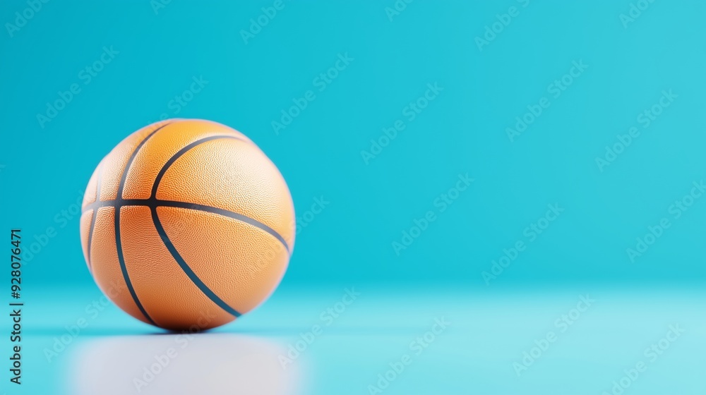 A basketball resting on a smooth turquoise surface in a bright indoor setting. A basketball resting on a smooth turquoise surface in a bright indoor setting.