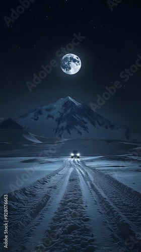 Bright Moon Lights Up Snowy Siberian Volcano with Car Tracks

