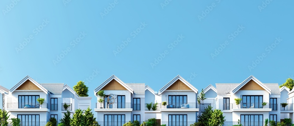 Modern residential buildings line up under a clear blue sky, showcasing bright architecture and lush greenery. Modern residential buildings line up under a clear blue sky, showcasing bright architecture and lush greenery.