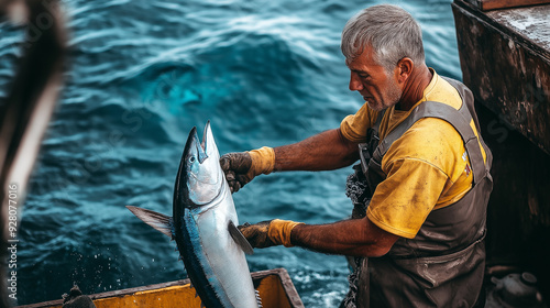 Fisherman holding big freshly caught tuna fish on boat