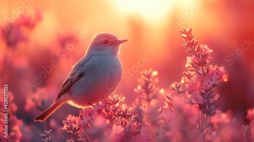 A Bird Perched on Lavender in Golden Sunset