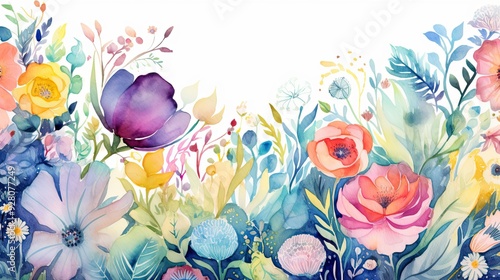 Whimsical Folk-Inspired Floral Watercolor Background. Springtime whimsy concept photo