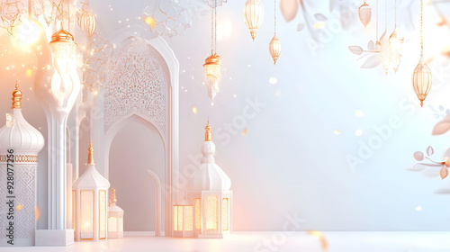 Luxury white Ramadan kareem greeting card islamic background with eid al fitr mubarak illustration