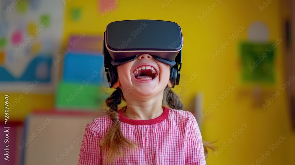 Young girl wearing a VR headset, enjoying the experience Young girl wearing a VR headset, enjoying the experience