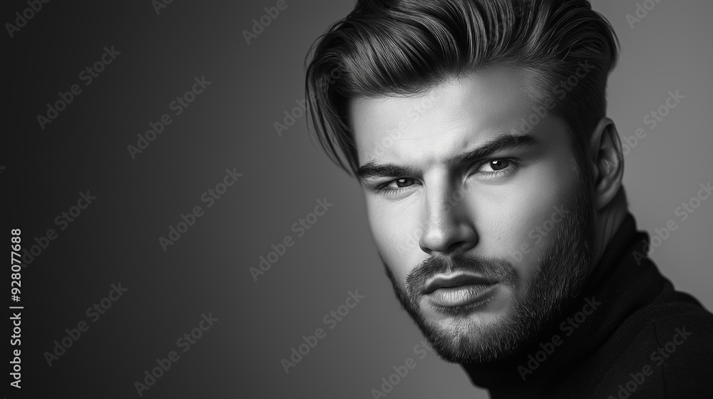 Handsome male model with serious expression posing in studio for black and white portrait Handsome male model with serious expression posing in studio for black and white portrait
