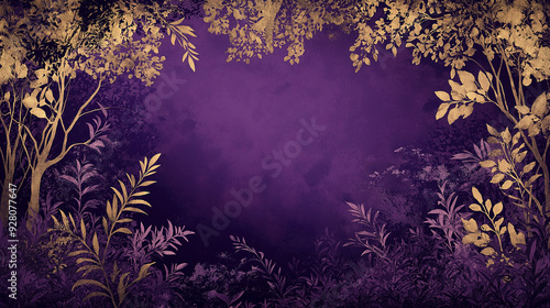 Golden and purple foliage creating a natural frame on a textured background photo