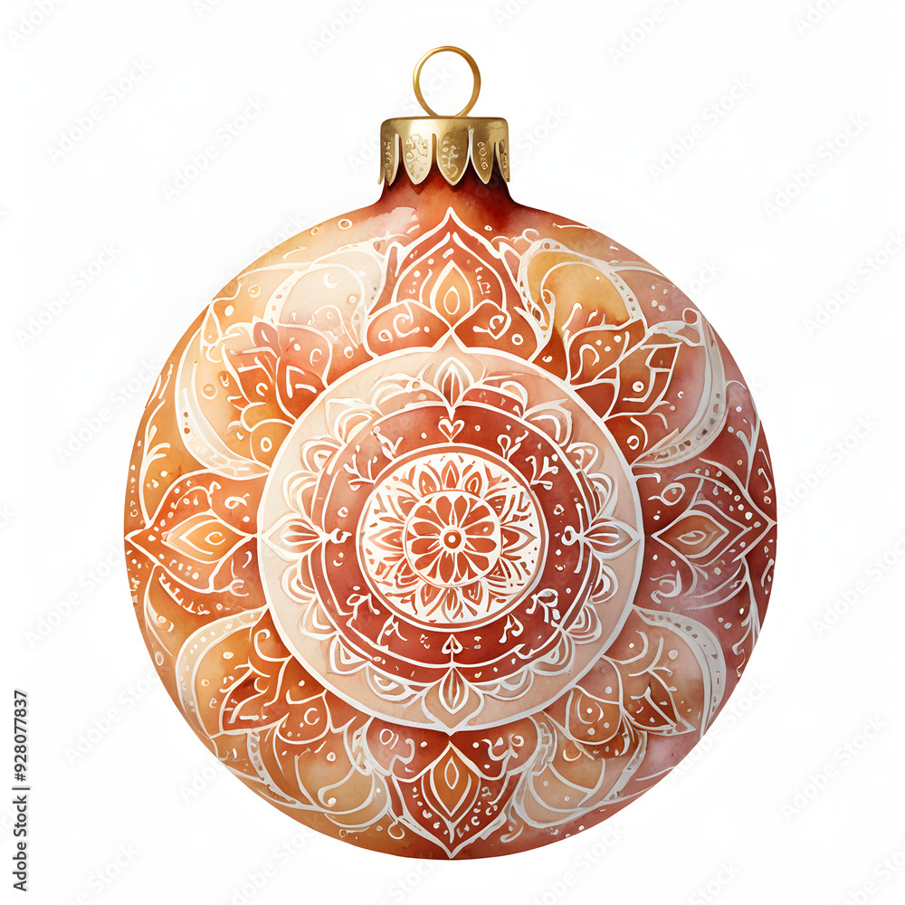 Fototapeta premium Christmas bauble clipart, decorated with mandala patterns, watercolor illustration, warm tones, isolated on white background