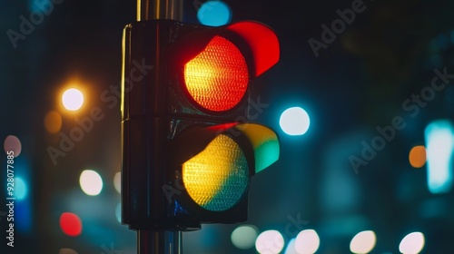 Traffic Light on a Night City Street photo