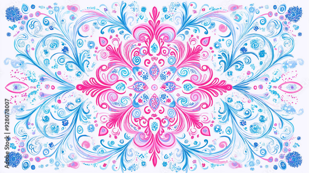 Fototapeta premium Pink and blue floral ornament creating a beautiful symmetrical composition